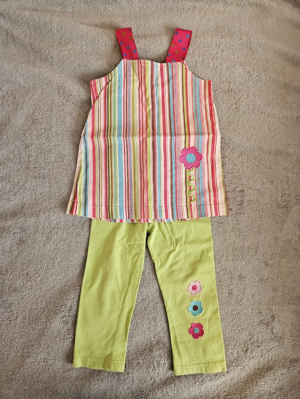 Girls 2T Striped Pink & Green Embroidered Flower Matching